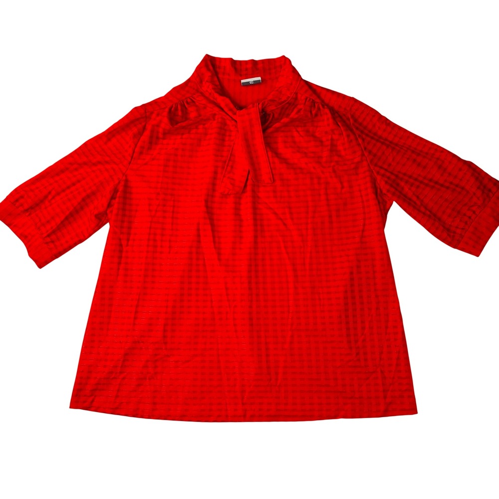 Lind Clare Vintage Red Tie Neck Blouse Tonal Grid Short Sleeve Top XL Secretary